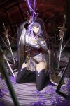  1girl armor bangs blurry blurry_foreground braid breasts bridal_gauntlets cleavage closed_mouth electricity falling_petals flower full_body genshin_impact hair_ornament hand_on_own_chest highres holding holding_sword holding_weapon japanese_clothes katana kimono kneeling large_breasts long_hair long_sleeves looking_at_viewer mitsudomoe_(shape) mole mole_under_eye petals planted planted_sword purple_eyes purple_flower purple_hair purple_nails raiden_(genshin_impact) ribbon sash shoulder_armor silence_girl solo sword tassel thighhighs tomoe_(symbol) torii weapon wide_sleeves 
