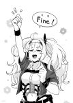  1girl ahoge arm_up bangs breasts clenched_hands commentary_request enemy_lifebuoy_(kancolle) english_text eyebrows_visible_through_hair fujinoki_(horonabe-ken) gambier_bay_(kancolle) gloves greyscale hair_between_eyes hairband kantai_collection long_hair medium_breasts monochrome navel open_mouth pouch remodel_(kantai_collection) shirt short_sleeves simple_background skirt solo twintails upper_body 