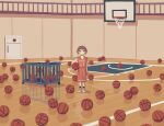  1boy absurdres avogado6 basketball basketball_court basketball_uniform brown_hair commentary highres indoors jersey looking_at_viewer male_focus original shoes short_hair socks solo sportswear standing white_eyes wide_shot 