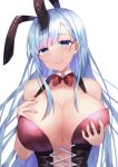  1girl absurdres animal_ears azur_lane bare_shoulders blue_eyes blue_hair bow breast_lift breasts cleavage detached_collar fake_animal_ears hand_on_own_chest highres huge_breasts leotard long_hair looking_at_viewer official_alternate_costume playboy_bunny purple_leotard rabbit_ears red_bow simple_background sino_rameko solo strapless strapless_leotard ticonderoga_(azur_lane) ticonderoga_(show_stopper!)_(azur_lane) upper_body white_background 