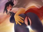  1girl ass black_hair bodysuit boku_no_hero_academia breasts cape gloves highres large_breasts looking_at_viewer looking_back mole mole_under_mouth open_mouth shimura_nana shpo smile solo white_cape yellow_gloves 