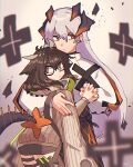  2girls arknights bangs black_legwear black_shorts black_skirt blurry blurry_background blurry_foreground brown_coat brown_hair closed_mouth coat commentary_request dated debris dragon_horns dragon_tail feather_hair feathers frown glasses grey_background hair_between_eyes height_difference high-waist_skirt holding_hands horns hug interlocked_fingers kawaii_inu5 long_hair long_sleeves medium_hair multiple_girls nail_polish orange_eyes orange_nails protecting saria_(arknights) shirt shorts silence_(arknights) silver_hair single_thighhigh skirt tail thigh_strap thighhighs white_shirt yuri 