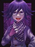  1boy :d bangs black_border black_scarf blood blood_from_mouth blush border buttons checkered checkered_neckwear checkered_scarf danganronpa_(series) danganronpa_v3:_killing_harmony double-breasted flipped_hair grey_jacket hair_between_eyes hand_up highres iwashi_(kamekazusa) jacket long_sleeves looking_at_viewer open_mouth ouma_kokichi pink_blood purple_background purple_eyes purple_hair scarf shiny shiny_hair smile solo sweat upper_body upper_teeth v-shaped_eyebrows white_scarf 