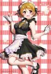  1girl :d alternate_costume black_footwear black_skirt breasts brown_hair brown_neckwear enmaided eyebrows_visible_through_hair gloves hair_between_eyes highres koizumi_hanayo looking_at_viewer love_live! love_live!_school_idol_project maid maid_headdress medium_breasts nakano_maru necktie open_mouth plaid plaid_background purple_eyes shoes short_hair skirt smile solo standing standing_on_one_leg twitter_username white_gloves 