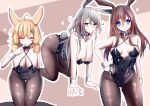  3girls absurdres ahoge all_fours amiya_(arknights) animal_ears arknights bangs bare_shoulders black_legwear black_leotard black_neckwear blue_eyes bow bowtie breasts brown_hair closed_eyes closed_mouth commentary_request covered_navel detached_collar eyebrows_visible_through_hair green_bow grey_eyes grey_hair hair_between_eyes hair_bow hair_ornament hairclip hand_on_hip heart highres kouki_hanada kroos_(arknights) large_breasts leotard low_twintails medium_breasts medium_hair multiple_girls orange_hair outline pantyhose playboy_bunny rabbit_tail savage_(arknights) tail twintails white_outline wrist_cuffs 
