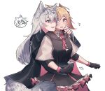  2girls ? ?? animal_ears arknights bangs black_dress black_gloves black_jacket black_nails blonde_hair commentary_request dated dress fang fingerless_gloves gloves grey_eyes grey_gloves hair_between_eyes highres hug hug_from_behind jacket kawaii_inu5 lappland_(arknights) layered_sleeves long_hair long_sleeves looking_at_another multiple_girls nail_polish necktie open_mouth petticoat pink_eyes pink_neckwear scar scar_across_eye short_over_long_sleeves short_sleeves silver_hair simple_background skin_fang sora_(arknights) spoken_character sweat tail texas_(arknights) white_background wolf_ears wolf_tail yuri 