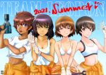  4girls :q adjusting_clothes adjusting_gloves artist_name bangs bikini bikini_under_clothes blue_eyes bob_cut breasts brown_eyes brown_hair cleavage closed_mouth clothes_around_waist commentary dark-skinned_female dark_skin dated drill english_text freckles girls_und_panzer gloves green_eyes half-closed_eyes halterneck hand_on_hip hand_on_own_arm holding holding_wrench hoshino_(girls_und_panzer) jumpsuit jumpsuit_pull looking_at_viewer mechanic medium_breasts multiple_girls nakajima_(girls_und_panzer) navel nishi_itsumi open_mouth orange_jumpsuit shirt short_hair side-by-side smile sports_bra standing suzuki_(girls_und_panzer) swimsuit t-shirt tank_top tongue tongue_out tsuchiya_(girls_und_panzer) uniform v_arms white_bikini white_gloves white_shirt white_sports_bra wrench 