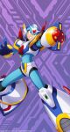  1boy aiming android arm_cannon armor artist_request blue_bodysuit blue_gloves blue_headwear bodysuit clenched_teeth company_name gloves green_eyes helmet highres kotobukiya looking_to_the_side male_focus mega_man_(series) mega_man_x4 mega_man_x_(character) mega_man_x_(series) robot_ears rockman_x_dive serious shoulder_armor solo source_request teeth weapon 