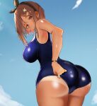  1girl adjusting_clothes adjusting_swimsuit armpit_crease ass atelier_(series) atelier_ryza bad_anatomy bangs blue_sky blue_swimsuit blush breasts brown_hair closed_mouth cloud cloudy_sky clover_hair_ornament commentary cowboy_shot hair_ornament hairband hairclip highres huge_ass inaba_(usanopo) large_breasts looking_at_viewer medium_hair one-piece_swimsuit parted_bangs reisalin_stout school_swimsuit sky sleeveless solo standing swimsuit tan tanlines thighs wristband yellow_eyes 
