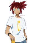 1boy bangs collarbone commentary_request dated eyebrows_visible_through_hair green_eyes holding koko_(pokemon) looking_to_the_side male_focus nanaura_narina parted_lips pokemon pokemon_(anime) pokemon_m23 red_hair shirt short_hair short_sleeves signature simple_background solo spiked_hair t-shirt white_background white_shirt wristband 