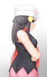  awashima_hiruko black_shirt blue_eyes blue_hair breasts dawn_(pokemon) hat highres long_hair looking_back medium_breasts pink_skirt pokemon pokemon_(game) pokemon_dppt profile shirt skirt sleeveless smile 