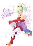  1girl bare_shoulders bow breasts cape closed_mouth detached_sleeves dress earrings final_fantasy final_fantasy_vi green_hair jewelry long_hair looking_at_viewer pantyhose ponytail purple_eyes redace ribbon short_hair smile solo tina_branford 