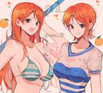  2girls asymmetrical_hair bangs bikini bikini_top blue_shirt blush breasts cleavage clima-tact commentary dated dual_persona earrings english_commentary food fruit green_bikini grin heart holding holding_weapon jewelry joman long_hair looking_at_viewer mandarin_orange medium_breasts money_gesture multiple_girls nami_(one_piece) number_pun one_piece open_mouth orange_(food) orange_eyes orange_hair parted_bangs pink_background shirt short_hair short_sleeves simple_background smile string_bikini striped striped_shirt swimsuit time_paradox twitter_username two-tone_shirt upper_body weapon white_shirt 