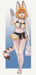  1girl absurdres animal_ears bag bare_legs bare_shoulders bikini bikini_skirt black_neckwear blonde_hair blush bottle bow cat_ears cat_girl cat_tail choker extra_ears eyebrows_visible_through_hair full_body highres japari_symbol kemono_friends kemono_friends_3 looking_at_viewer midriff navel official_alternate_costume open_mouth sandals serval_(kemono_friends) shopping_bag short_hair sleeveless solo swimsuit tail toriny water_bottle yellow_bow yellow_eyes 