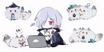  ... 3girls animalization aqua_headwear arknights ascot ball biting black_headwear black_neckwear cat cheek_biting chibi computer fish gladiia_(arknights) jewelry laptop multiple_girls open_mouth red_eyes skadi_(arknights) skadi_the_corrupting_heart_(arknights) smile specter_(arknights) spoken_ellipsis symbol-only_commentary tennis_ball translation_request white_background white_neckwear zhu_mianzi 