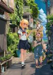  2girls :d absurdres ahoge alley animal_ear_fluff animal_ears bag bandaid bandaid_on_arm bangs black_footwear blonde_hair blue_overalls blue_sailor_collar blue_skirt blush bow braid breasts butterfly_net cat commentary_request day elf fox_ears fox_girl fox_tail full_body grin hair_between_eyes hair_bow hand_net height_difference highres holding holding_bag holding_butterfly_net holding_strap hololive long_hair looking_at_another multicolored_hair multiple_girls omaru_polka open_mouth outdoors overalls pink_hair pink_legwear plant pointy_ears potted_plant purple_bow purple_eyes red_bow red_eyes sailor_collar school_uniform serafuku shiranui_flare shirt shoes short_hair short_sleeves shoulder_bag single_braid skirt smile snarkhunt socks strap_slip streaked_hair tail utility_pole virtual_youtuber white_hair white_legwear white_shirt 