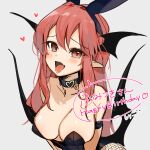  1girl alternate_costume animal_ears arm_strap bare_shoulders black_collar blush breasts cleavage collar commentary demon_wings eyebrows_visible_through_hair fake_animal_ears fang fishnet_legwear fishnets furrowed_brow gotou_(nekocat) grey_background hair_between_eyes hairband happy_birthday head_wings heart koakuma long_hair looking_at_viewer medium_breasts open_mouth playboy_bunny pointy_ears rabbit_ears red_eyes red_hair simple_background smile solo speech_bubble tongue tongue_out touhou translated upper_body wings 