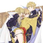  1boy 2girls 88_(einnimnech) arthur_pendragon_(fate) artist_name artoria_pendragon_(fate) artoria_pendragon_(lancer)_(fate) ass bisexual_(female) blonde_hair blue_eyes breasts censored commentary_request cowboy_shot earrings eyebrows_visible_through_hair fate/grand_order fate_(series) genderswap genderswap_(mtf) gilgamesh_(caster)_(fate) gilgamesh_(fate) gloves hair_between_eyes hair_bun heart heart_censor highres holding_hands jewelry large_breasts long_sleeves multiple_girls panties red_eyes standing tongue tongue_out twitter_username underwear watermark 