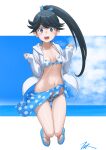  1girl bikini black_hair blue_eyes blue_sarong blue_sky breasts cleavage cloud commentary_request full_body highres hood hooded_jacket hoodie horizon houshou_(kancolle) jacket kantai_collection long_hair ocean ponytail sandals sarong sky small_breasts solo swimsuit t2r thigh_gap white_bikini white_jacket 