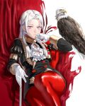  1girl absurdres blush breasts cape closed_mouth cravat edelgard_von_hresvelg fire_emblem fire_emblem:_three_houses garreg_mach_monastery_uniform gloves hair_ornament hair_ribbon highres long_hair long_sleeves looking_at_viewer pantyhose purple_eyes red_cape ribbon sabergoetia simple_background uniform 