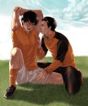  2boys armpits arms_behind_head arms_up backlighting bangs black_hair black_pants daiagonaruran day grass hair_slicked_back hand_on_another&#039;s_thigh highres jacket knee_up leg_between_thighs licking licking_armpit looking_at_another male_focus multiple_boys on_ground one_eye_closed open_mouth orange_jacket orange_legwear orange_shirt original outdoors pants shirt shoes short_hair short_sleeves shorts sitting soccer_uniform socks sportswear spread_legs sweat sweatpants tongue tongue_out track_jacket white_shorts wince yaoi 