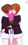 2girls akiyama_yukari anglerfish arms_around_waist bangs blue_jacket blush brown_eyes brown_hair closed_mouth commentary_request emblem eyebrows_visible_through_hair forehead-to-forehead from_side girls_und_panzer green_shirt hand_on_another&#039;s_arm highres imminent_kiss jacket long_sleeves looking_at_another messy_hair military military_uniform miniskirt multiple_girls nishizumi_miho ooarai_military_uniform open_clothes open_jacket open_mouth pleated_skirt shirt short_hair simple_background skirt sweatdrop tenpa_(mayugezukan) translated uniform white_background white_skirt yuri 
