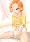  1girl absurdres bed_sheet bedwetting blush collarbone diaper eyebrows_visible_through_hair highres idolmaster idolmaster_cinderella_girls indoors naka_ushiro open_mouth orange_hair peeing ryuuzaki_kaoru shirt short_hair sitting solo thighs yellow_eyes yellow_shirt 