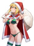  1girl akatsuki_kirika bikini blonde_hair blush breasts cape cleavage closed_mouth cowboy_shot fur-trimmed_cape fur_trim green_bikini green_eyes green_legwear hands_up hat holding holding_sack large_breasts looking_at_viewer navel over_shoulder red_cape red_headwear revision sack santa_hat senki_zesshou_symphogear short_hair simple_background skindentation smile solo stomach striped striped_legwear swimsuit thighhighs tsukamoto_kensuke two-tone_legwear w white_background white_legwear 