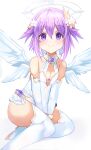  1girl absurdres angel angel_wings bare_shoulders bimmy cosplay feathered_wings flower four_goddesses_online:_cyber_dimension_neptune hair_ornament halo highres neptune_(neptune_series) neptune_(series) open_mouth purple_eyes purple_hair purple_heart purple_heart_(cosplay) short_hair simple_background solo white_background white_wings wings 