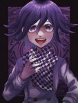  1boy :d bangs black_border black_scarf blush border buttons checkered checkered_neckwear checkered_scarf commentary_request danganronpa_(series) danganronpa_v3:_killing_harmony double-breasted flipped_hair grey_jacket hair_between_eyes hand_up highres iwashi_(kamekazusa) jacket long_sleeves looking_at_viewer open_mouth ouma_kokichi purple_background purple_eyes purple_hair scarf shiny shiny_hair smile solo upper_body upper_teeth white_scarf 