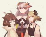  3girls arknights bangs beige_background black_choker black_hair black_horns black_shirt black_skirt blonde_hair breasts brown_cloak brown_coat brown_hair choker cloak closed_mouth coat commentary_request dated dragon_horns earrings english_commentary expressionless eyes_visible_through_hair eyewear_visible_through_hair feather_hair frown glasses gradient_hair high-waist_skirt high_collar horns ifrit_(arknights) jewelry kawaii_inu5 looking_at_viewer medium_breasts mixed-language_commentary multicolored_hair multiple_girls orange_eyes paint_splatter saria_(arknights) shirt silence_(arknights) silver_hair simple_background skirt smile stud_earrings white_shirt 