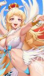  1girl armpits arms_up bangle bangs bikini blonde_hair blue_background blue_bikini blue_bow blunt_bangs bow bracelet bracer breasts cleavage commentary cowboy_shot crown english_commentary feathered_wings highres jewelry large_breasts long_hair looking_afar navel navel_piercing open_mouth piercing pointy_ears purple_eyes ragnarok_online sanonorekurlo simple_background smile solo swimsuit wanderer_(ragnarok_online) white_wings wings 