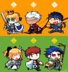  2girls 4boys abs ahoge archer_(fate) armor armored_dress artist_name artoria_pendragon_(fate) blonde_hair blue_hair bow_(weapon) caliburn_(fate) chibi closed_eyes commentary_request crown cu_chulainn_(fate) cu_chulainn_(fate/stay_night) dark_skin earrings emiya_shirou excalibur_(fate/stay_night) eyebrows_visible_through_hair fang fate/grand_order fate_(series) gae_bolg_(fate) green_background green_eyes hair_bun highres holding holding_bow_(weapon) holding_polearm holding_spear holding_sword holding_weapon jewelry long_sleeves multiple_boys multiple_girls open_mouth orange_background orange_hair polearm ponytail red_eyes saber saber_lily senji_muramasa_(fate) setanta_(fate) simple_background smile soran_ten spear sword tongue two-tone_background watermark weapon white_hair 
