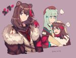  !? ... 2girls animal_ears arknights bangs bear_ears beige_sweater_vest blue_eyes blue_hair blue_nails blue_neckwear brown_hair brown_headwear brown_jacket brown_sailor_collar brown_shirt character_name commentary_request cropped_torso dated earbuds earphones expressionless fang fur-trimmed_jacket fur_trim hair_ornament hand_on_another&#039;s_head hat istina_(arknights) jacket kawaii_inu5 long_hair looking_at_viewer medium_hair monocle multicolored_hair multiple_girls multiple_views nail_polish neckerchief off_shoulder open_mouth purple_background red_hair red_neckwear red_pupils sailor_collar school_uniform serafuku shirt simple_background spoken_ellipsis spoken_interrobang star_(symbol) star_hair_ornament streaked_hair sweatdrop upper_body yellow_shirt yellow_sweater_vest zima_(arknights) 