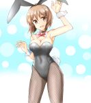  1girl animal_ears black_leotard bow bowtie breasts brown_eyes brown_hair cleavage commentary_request covered_navel cowboy_shot fishnet_legwear fishnets girls_und_panzer highres iminami_sui leotard looking_at_viewer medium_breasts nishizumi_miho pantyhose playboy_bunny rabbit_ears rabbit_tail red_neckwear short_hair smile solo standing strapless strapless_leotard tail wrist_cuffs 