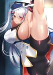  absurdres armpits azur_lane blush breasts comichipota cosplay eyebrows_visible_through_hair hair_ribbon hat highres huge_breasts leg_lift long_hair looking_at_viewer multicolored_hair panties prinz_eugen_(azur_lane) red_eyes ribbon sideboob split standing standing_on_one_leg standing_split streaked_hair thighs twintails underwear white_hair z23_(azur_lane) z23_(azur_lane)_(cosplay) 