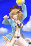 1girl animal_ears ball bikini blonde_hair blue_hoodie collarbone commentary_request cowboy_shot eyebrows_visible_through_hair fang flower gravi_pig4891 hair_flower hair_ornament highres hood hoodie japari_symbol kemono_friends kemono_friends_3 lion_(kemono_friends) lion_ears lion_girl lion_tail long_sleeves midriff official_alternate_costume open_clothes open_hoodie open_mouth short_hair solo swimsuit tail white_bikini yellow_eyes 
