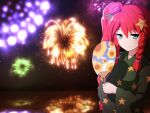  1girl aerial_fireworks black_kimono blue_eyes braid closed_mouth commentary fireworks floral_print flower hair_flower hair_ornament hand_fan holding holding_fan hong_meiling japanese_clothes kimono lake long_sleeves night night_sky outdoors paper_fan pink_flower print_kimono red_hair reflection shirosato side_ponytail sky smile solo star_(symbol) star_hair_ornament star_print sunflower_print symbol-only_commentary touhou twin_braids uchiwa water wide_sleeves yukata 