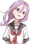  1girl :d bangs black_sailor_collar braid brown_eyes collarbone commentary_request hair_between_eyes hair_over_shoulder head_tilt highres long_hair looking_at_viewer low_twintails neckerchief open_mouth parted_bangs purple_hair red_neckwear sailor_collar school_uniform serafuku shirt short_sleeves simple_background smile solo soredemo_ayumu_wa_yosetekuru tanaka_ayumu twin_braids twintails upper_body upper_teeth white_background white_shirt yamamoto_souichirou 