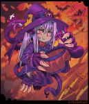  :t bat black_border blush border claws closed_mouth commentary_request dragon_girl dragon_horns dragon_tail dress english_commentary fewer_digits floating hair_between_eyes halloween hat horns long_hair long_sleeves looking_at_viewer monster_girl monster_girl_encyclopedia purple_dress purple_hair purple_hat ramenwarwok red_eyes signature simple_background tail tentacles witch_hat 