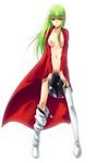  40010prototype bangs breasts c.c. cape code_geass green_hair helmet long_hair medium_breasts naked_cape nipples nude open_clothes open_robe robe solo spread_legs standing thighhighs 