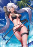  1girl absurdres ahoge arm_behind_head armpit_peek bangs bikini black_bikini breasts cropped_jacket eyebrows_visible_through_hair fate/grand_order fate_(series) floating_hair glglpanda hand_on_hilt highres jeanne_d&#039;arc_(alter_swimsuit_berserker)_(fate) jeanne_d&#039;arc_(fate)_(all) large_breasts long_hair looking_at_viewer multiple_swords o-ring o-ring_bikini palm_tree parted_lips scabbard sheath solo sunlight swimsuit sword thigh_strap tree very_long_hair wading water water_drop weapon white_hair yellow_eyes 