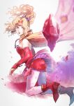 1girl bare_shoulders blonde_hair bow breasts cape crystal detached_sleeves dress earrings final_fantasy final_fantasy_vi highres jewelry long_hair looking_at_viewer pantyhose pearl_shinju ponytail purple_eyes ribbon solo tina_branford 