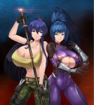  2girls absurdres akiyama_rinko akiyama_rinko_(cosplay) bangs bare_shoulders blue_eyes blue_hair bodysuit breasts camouflage camouflage_pants cleavage cosplay costume_switch gloves hair_between_eyes highres holding holding_weapon impossible_bodysuit impossible_clothes large_breasts leona_heidern leona_heidern_(cosplay) long_hair multiple_girls pants pockyland ponytail pouch purple_bodysuit purple_hair sword taimanin_(series) taimanin_yukikaze tank_top the_king_of_fighters the_king_of_fighters_xv thighhighs underboob weapon 