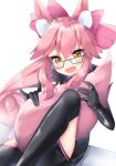  1girl akimiya_yamiku animal_ear_fluff animal_ears bangs black_bodysuit blush bodysuit bow breasts fate/grand_order fate_(series) fox_ears fox_girl fox_tail glasses hair_between_eyes hair_bow highres hip_vent knee_up koyanskaya_(fate) long_hair looking_at_viewer open_mouth pink_bow pink_hair ponytail sidelocks sitting small_breasts smile solo tail tail_hug tamamo_(fate) thighs yellow_eyes younger 