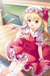  1girl :d bangs blonde_hair blush collar crystal dress eyebrows_visible_through_hair eyes_visible_through_hair feet_out_of_frame flandre_scarlet hair_between_eyes hand_up hat hat_ribbon highres jewelry knees_together_feet_apart light looking_at_viewer mob_cap multicolored multicolored_wings one_side_up open_mouth puffy_short_sleeves puffy_sleeves red_dress red_eyes red_ribbon ribbon road shadow short_hair short_sleeves sitting smile solo sunlight touhou water white_headwear wings wrist_cuffs yasuharasora yellow_neckwear 