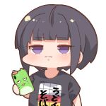  1girl bangs black_hair blunt_bangs blush cellphone chibi closed_mouth holding holding_phone idolmaster idolmaster_cinderella_girls jitome looking_at_viewer medium_hair phone pina_korata print_shirt purple_eyes shirayuki_chiyo shirt short_sleeves simple_background smartphone smartphone_case solo takato_kurosuke upper_body white_background 