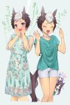  3girls :d animal_ears bike_shorts black_hair blouse blue_eyes blush commentary dress dual_persona embarrassed floral_print green_blouse green_dress grey_background hands_on_own_face horse_ears horse_girl horse_tail jewelry looking_at_viewer medium_dress mejiro_dober_(umamusume) mejiro_mcqueen_(umamusume) mejiro_ryan_(umamusume) multicolored_hair multiple_girls necklace open_mouth pearl_necklace peeking_out see-through short_hair short_sleeves shorts simple_background smile standing sweatdrop tail tan_(inka) translated two-tone_hair umamusume very_short_hair white_hair white_shorts 
