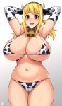  1girl absurdres animal_collar animal_print armpit_peek arms_behind_head arms_up ass_visible_through_thighs bangs bell bikini blonde_hair breasts brown_hair cameltoe collar cow_horns cow_print cowbell cowboy_shot curvy elbow_gloves eyebrows_visible_through_hair fairy_tail gloves groin highres horns huge_breasts jmg long_hair lucy_heartfilia navel neck_bell open_mouth plump smile solo stomach swimsuit thigh_gap thighs twintails 
