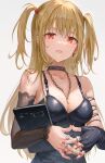  1girl absurdres amane_misa bangs bare_shoulders between_breasts black_gloves blonde_hair blush book breasts cleavage collarbone commentary_request death_note detached_sleeves earrings fishnets gloves grey_background hair_ornament highres holding holding_book huge_filesize jewelry long_hair looking_at_viewer necklace parted_lips red_eyes ring smile solo teeth tokkyu translation_request two_side_up upper_body 